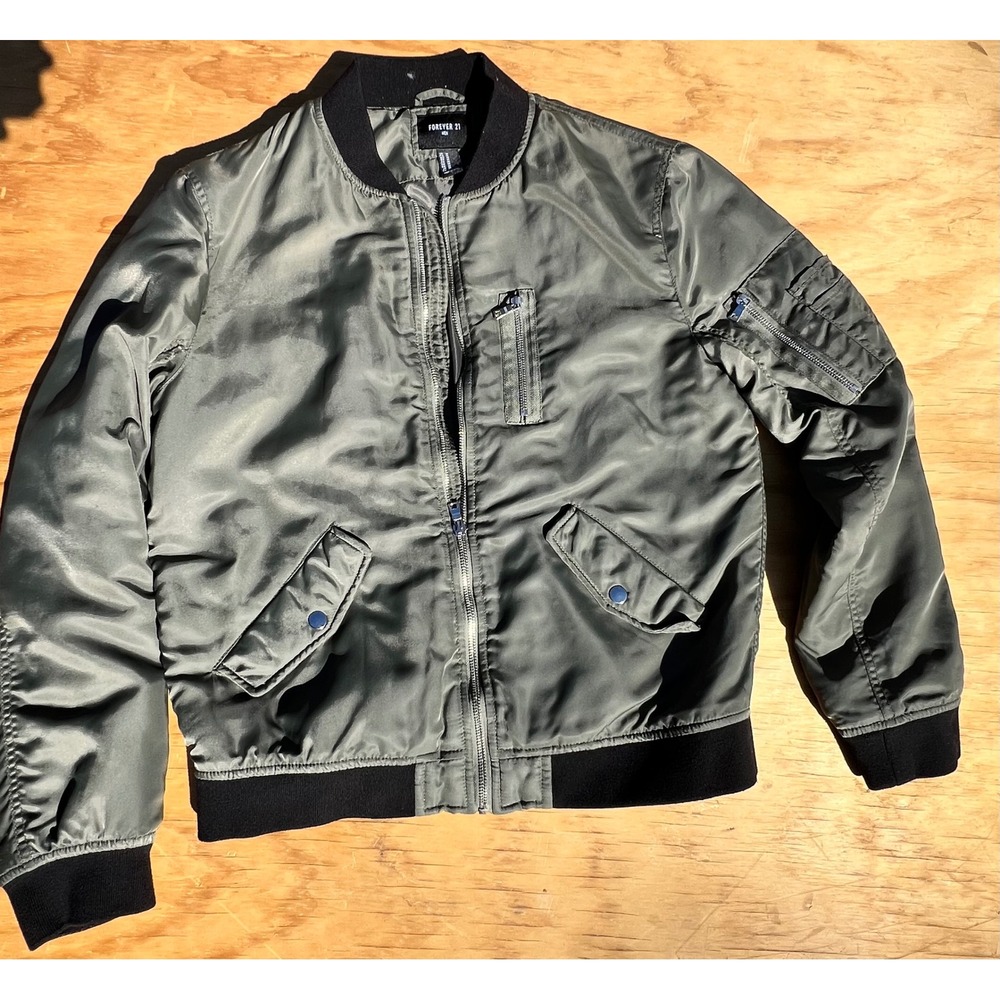 Forever 21 Men Olive Green Bomber Jacket Full Zip Flight Jacket Size Medium